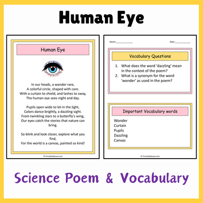 Human Eye | Science Poem Reading Comprehension Activity