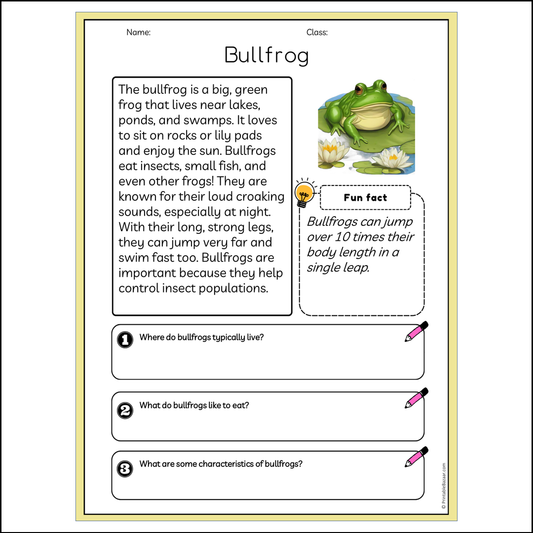 Bullfrog | Reading Passage Comprehension Questions Writing Facts Worksheet