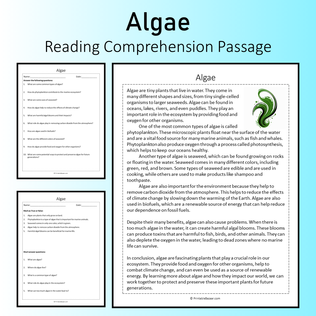 Algae | Reading Comprehension Passage Printable Worksheet
