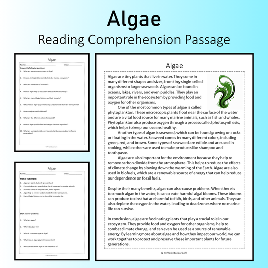 Algae | Reading Comprehension Passage Printable Worksheet