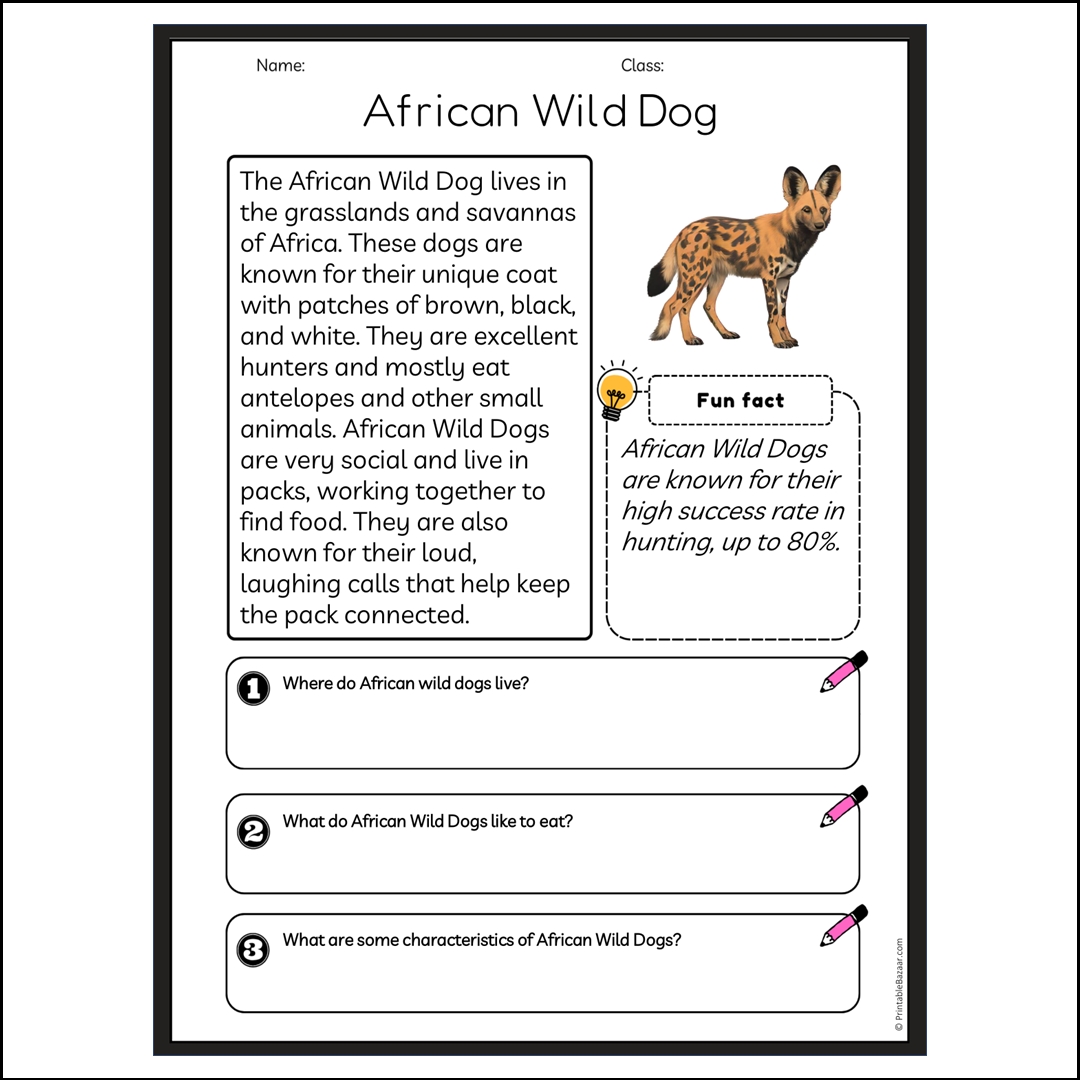 African Wild Dog | Reading Passage Comprehension Questions Writing Facts Worksheet