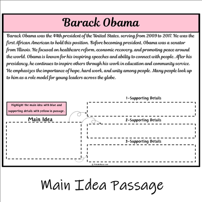 Barack Obama | Main Idea and Supporting Details Reading Passage and Questions