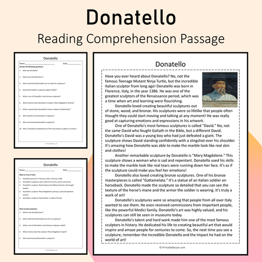 Donatello | Reading Comprehension Passage Printable Activity