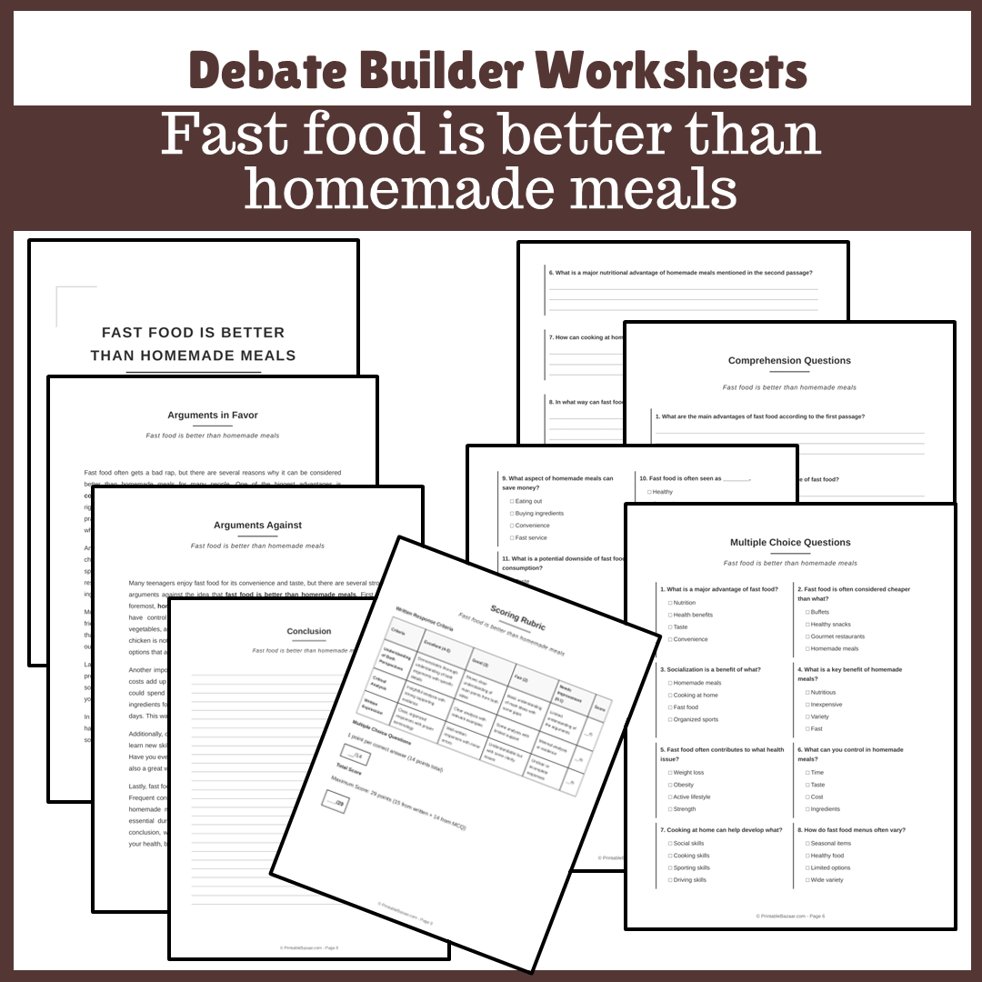 Fast food is better than homemade meals | Favour and Against Worksheet Printable Activity