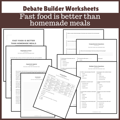 Fast food is better than homemade meals | Favour and Against Worksheet Printable Activity