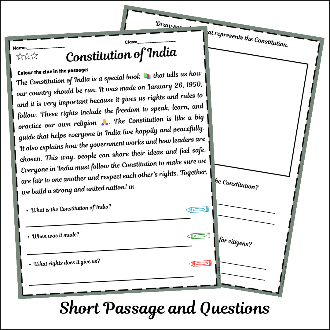Constitution of India | Short Reading Comprehension Creative Worksheet