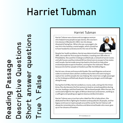 Harriet Tubman | Reading Comprehension Passage Printable Worksheet