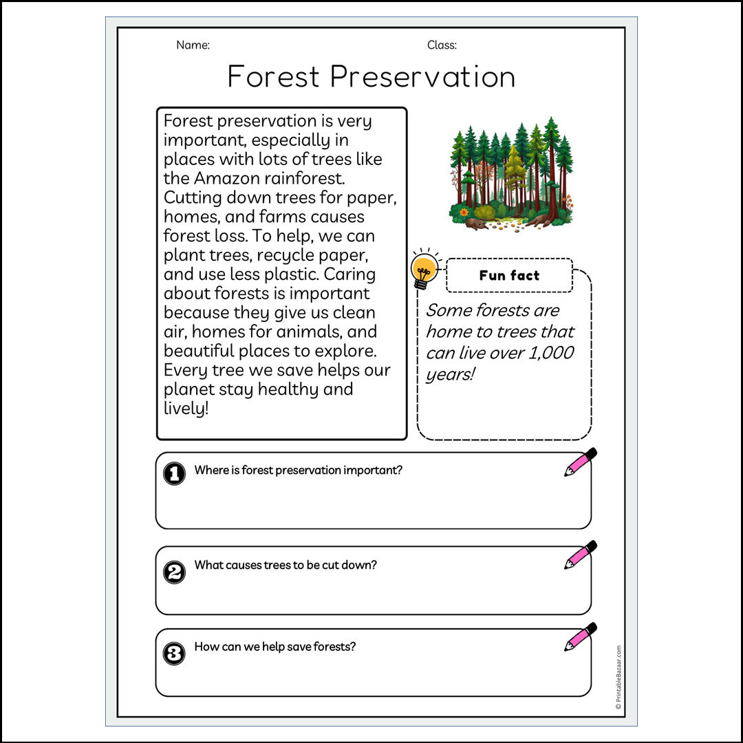 Forest Preservation | Reading Passage Comprehension Questions Writing Facts Worksheet