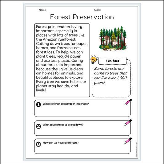 Forest Preservation | Reading Passage Comprehension Questions Writing Facts Worksheet