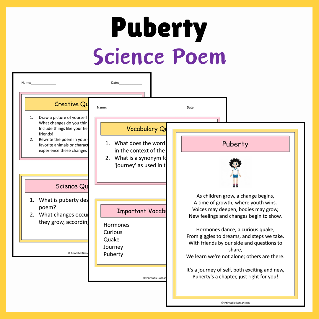 Puberty | Science Poem Reading Comprehension Activity