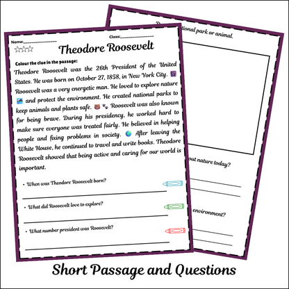 Theodore Roosevelt | Short Reading Comprehension Creative Worksheet