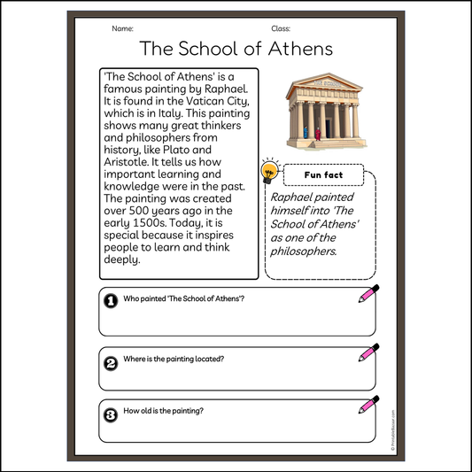 The School of Athens | Reading Passage Comprehension Questions Writing Facts Worksheet