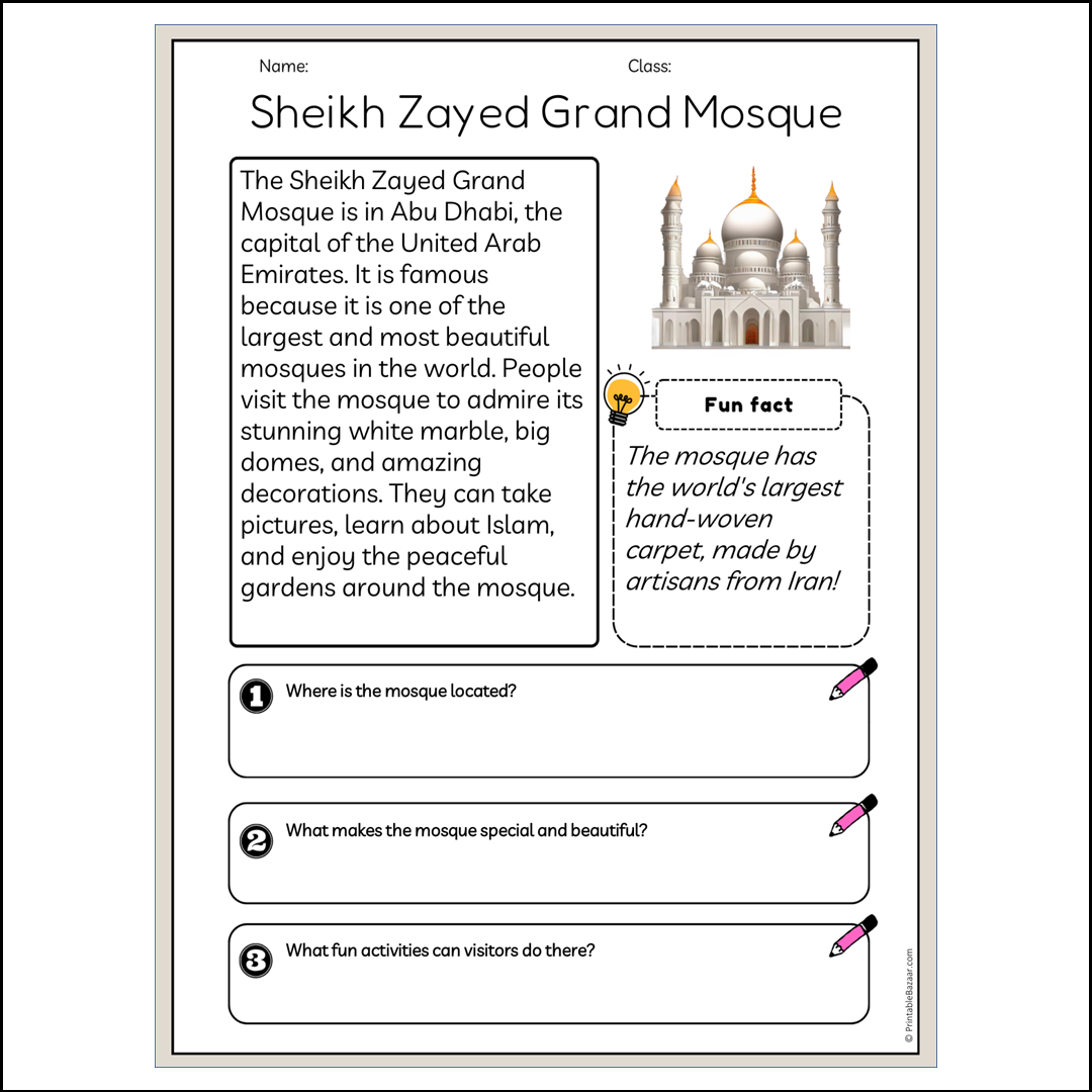 Sheikh Zayed Grand Mosque | Reading Passage Comprehension Questions Writing Facts Worksheet