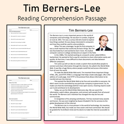 Tim Berners-Lee | Reading Comprehension Passage Printable Activity