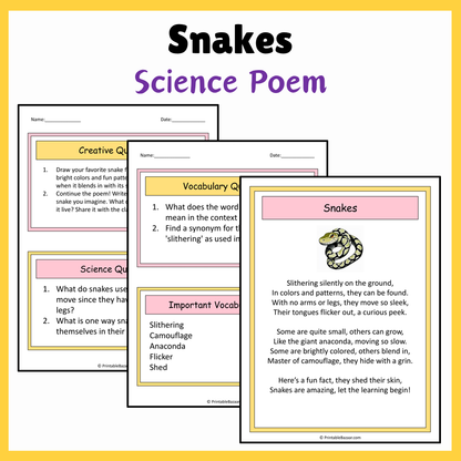 Snakes | Science Poem Reading Comprehension Activity