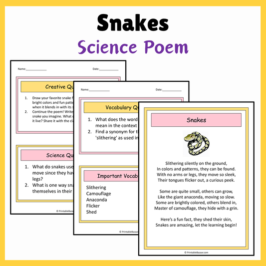 Snakes | Science Poem Reading Comprehension Activity