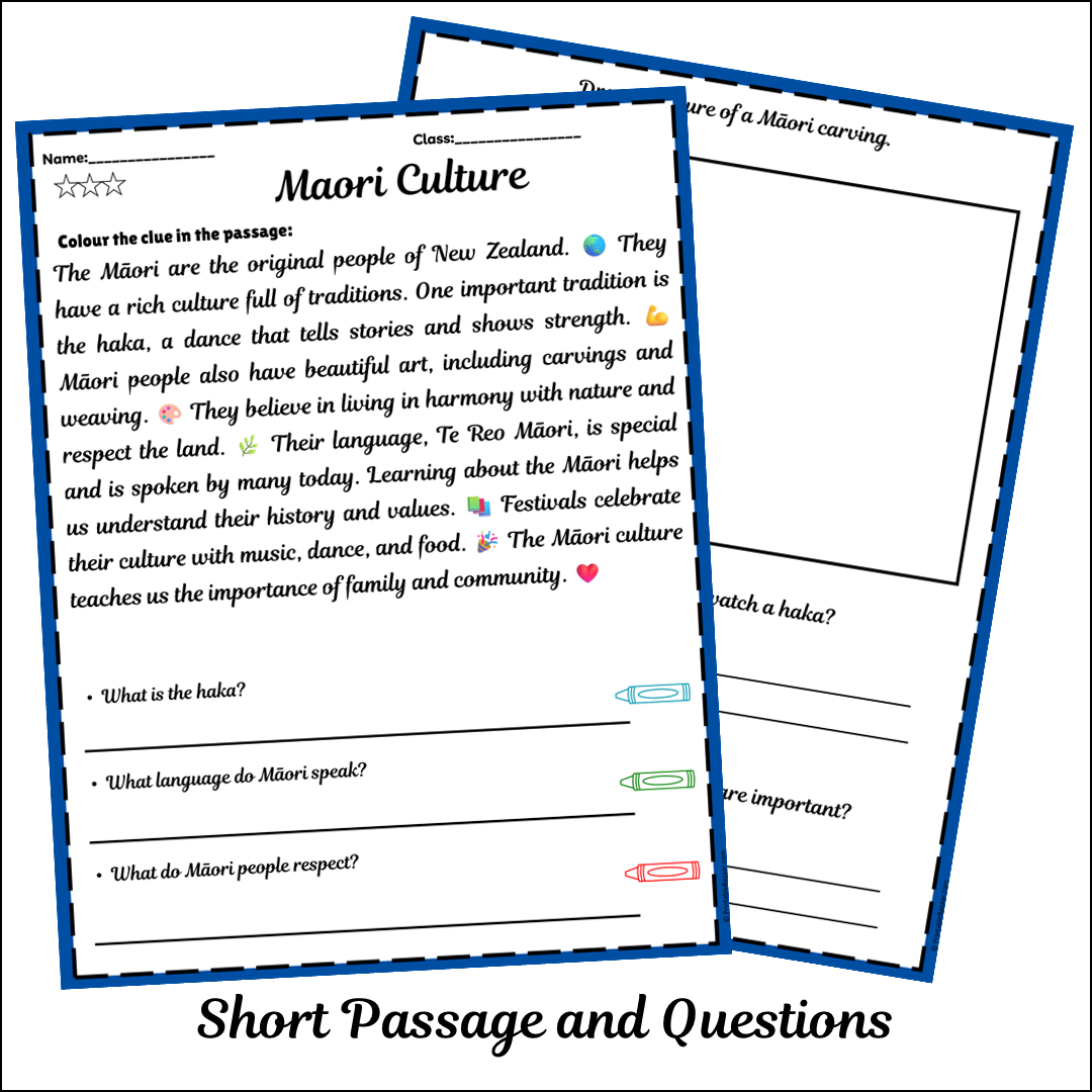 Maori Culture | Short Reading Comprehension Creative Worksheet