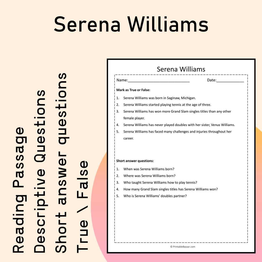 Serena Williams | Reading Comprehension Passage Printable Activity