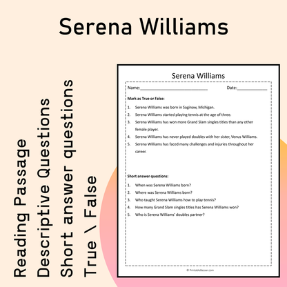 Serena Williams | Reading Comprehension Passage Printable Activity