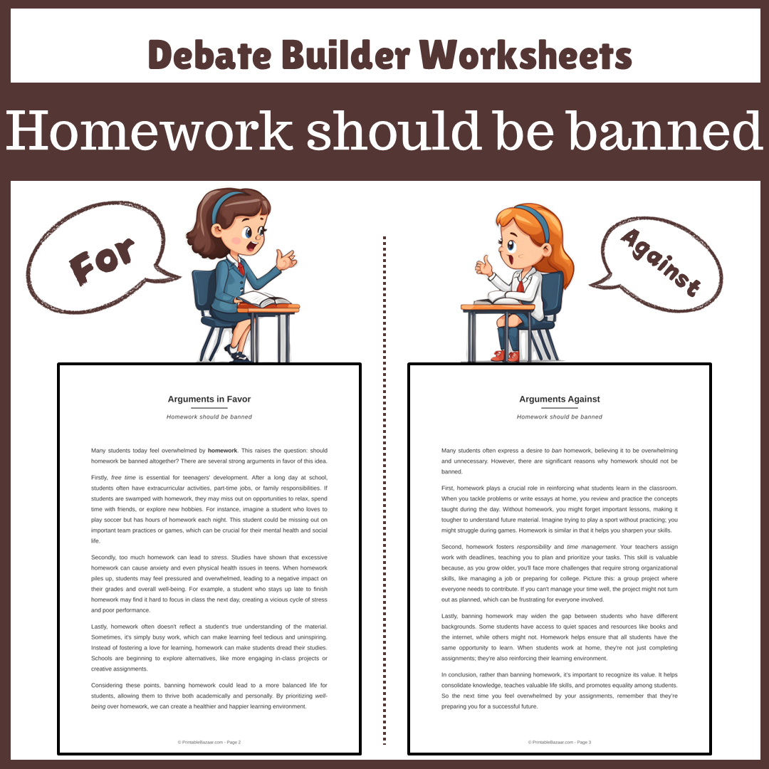 Homework should be banned | Favour and Against Worksheet Printable Activity