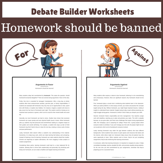 Homework should be banned | Favour and Against Worksheet Printable Activity