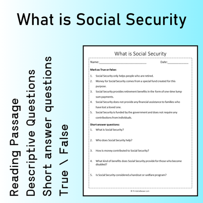 What is Social Security | Reading Comprehension Passage Printable Worksheet