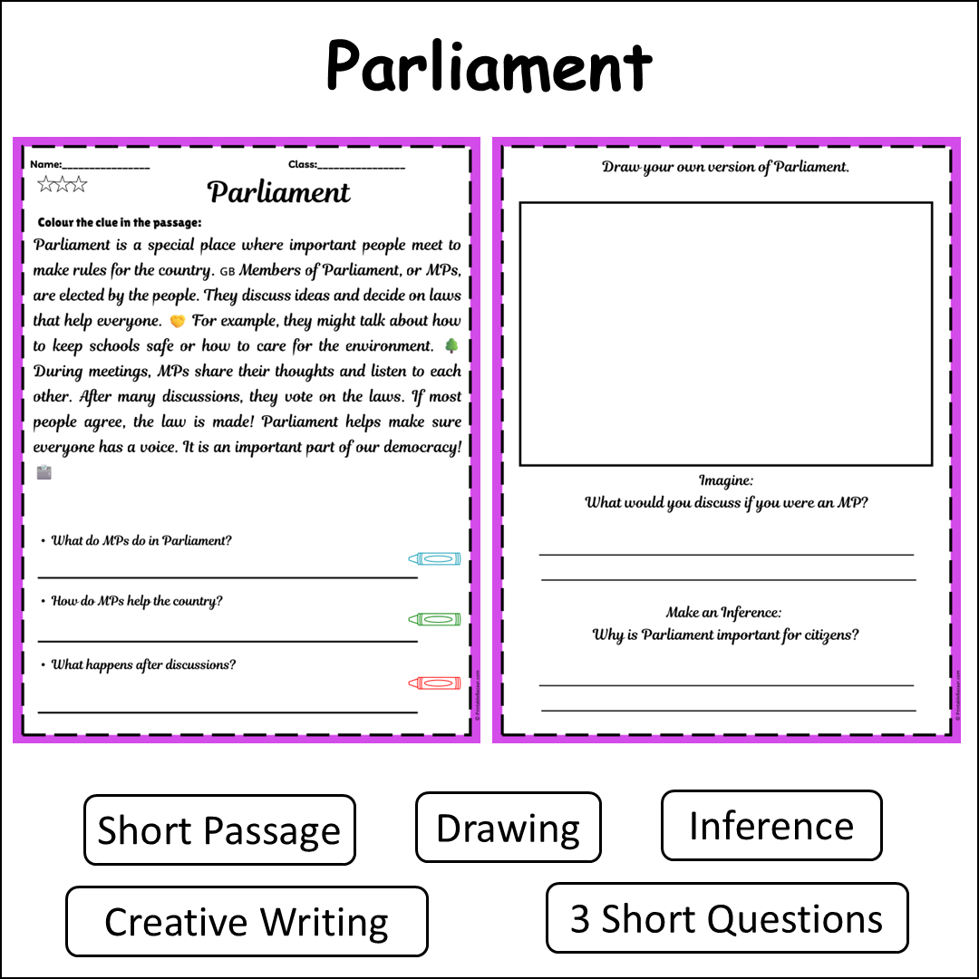 Parliament | Short Reading Comprehension Creative Worksheet