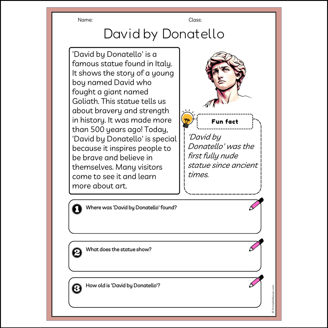 David by Donatello | Reading Passage Comprehension Questions Writing Facts Worksheet