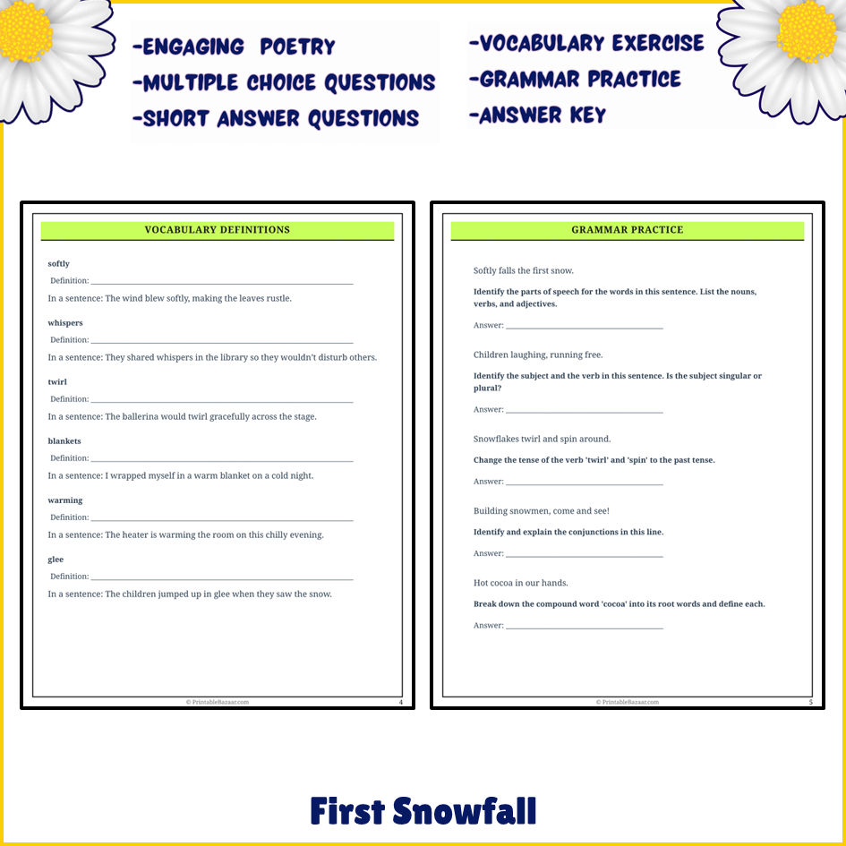 First Snowfall | Poem Grammar Worksheet Printable Activity