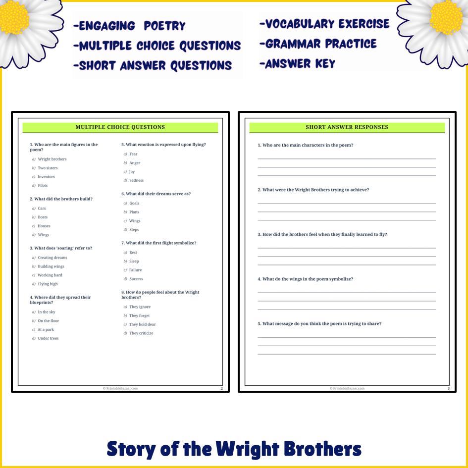 Story of the Wright Brothers | Poem Grammar Worksheet Printable Activity