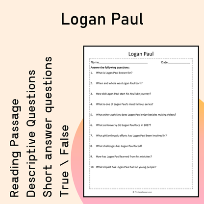 Logan Paul | Reading Comprehension Passage Printable Activity