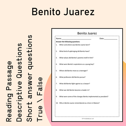 Benito Juarez | Reading Comprehension Passage Printable Activity