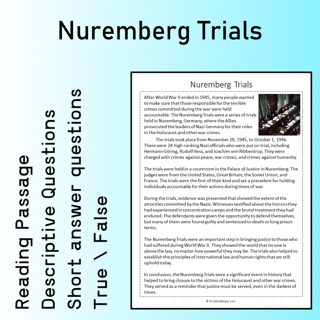 Nuremberg Trials | Reading Comprehension Passage Printable Worksheet