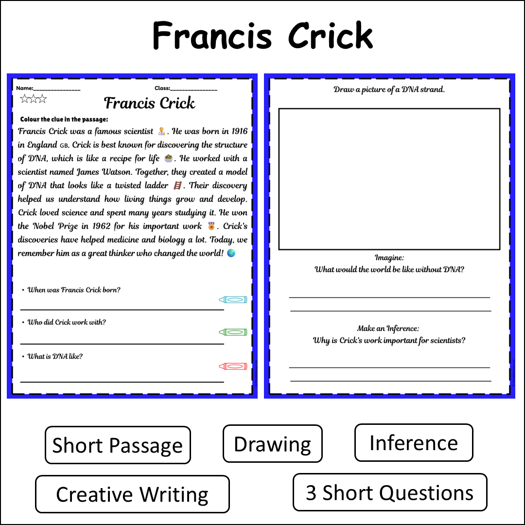 Francis Crick | Short Reading Comprehension Creative Worksheet
