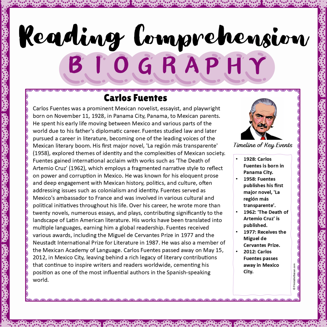 Carlos Fuentes | Biography Reading Comprehension and Questions Worksheet