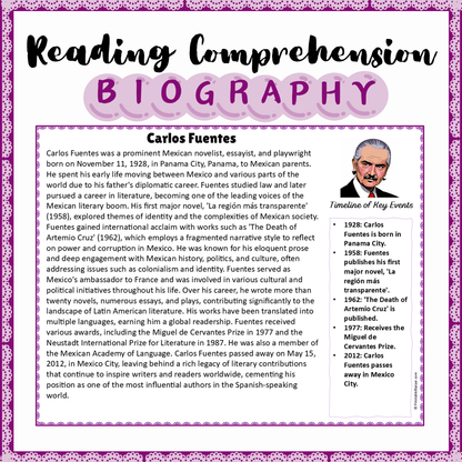 Carlos Fuentes | Biography Reading Comprehension and Questions Worksheet