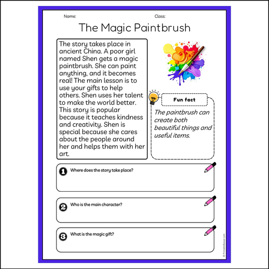 The Magic Paintbrush | Reading Passage Comprehension Questions Writing Facts Worksheet