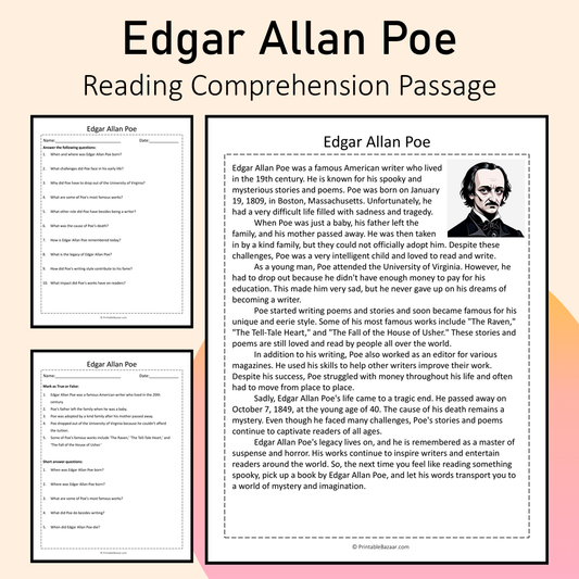 Edgar Allan Poe | Reading Comprehension Passage Printable Activity