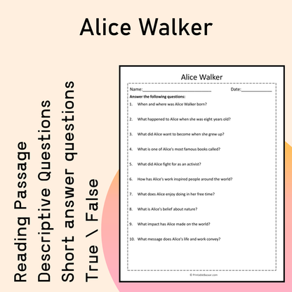 Alice Walker | Reading Comprehension Passage Printable Activity