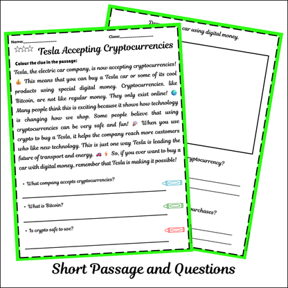 Tesla Accepting Cryptocurrencies | Short Reading Comprehension Creative Worksheet