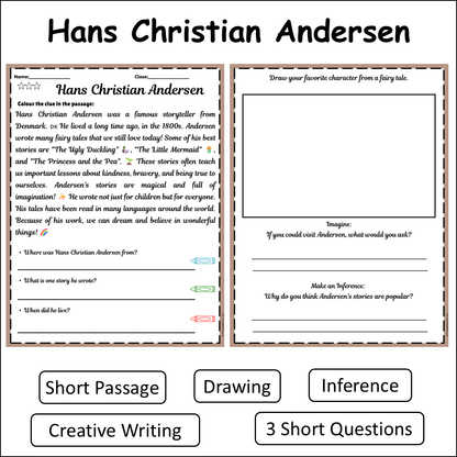 Hans Christian Andersen | Short Reading Comprehension Creative Worksheet