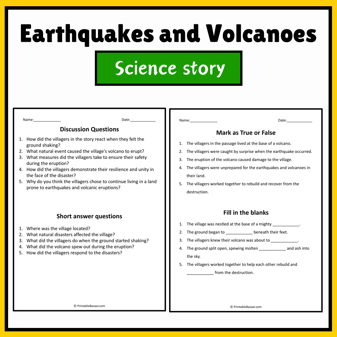 Earthquakes and Volcanoes | Science Story Reading Comprehension Activity