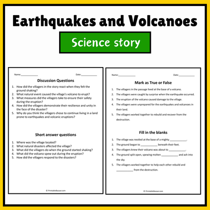 Earthquakes and Volcanoes | Science Story Reading Comprehension Activity