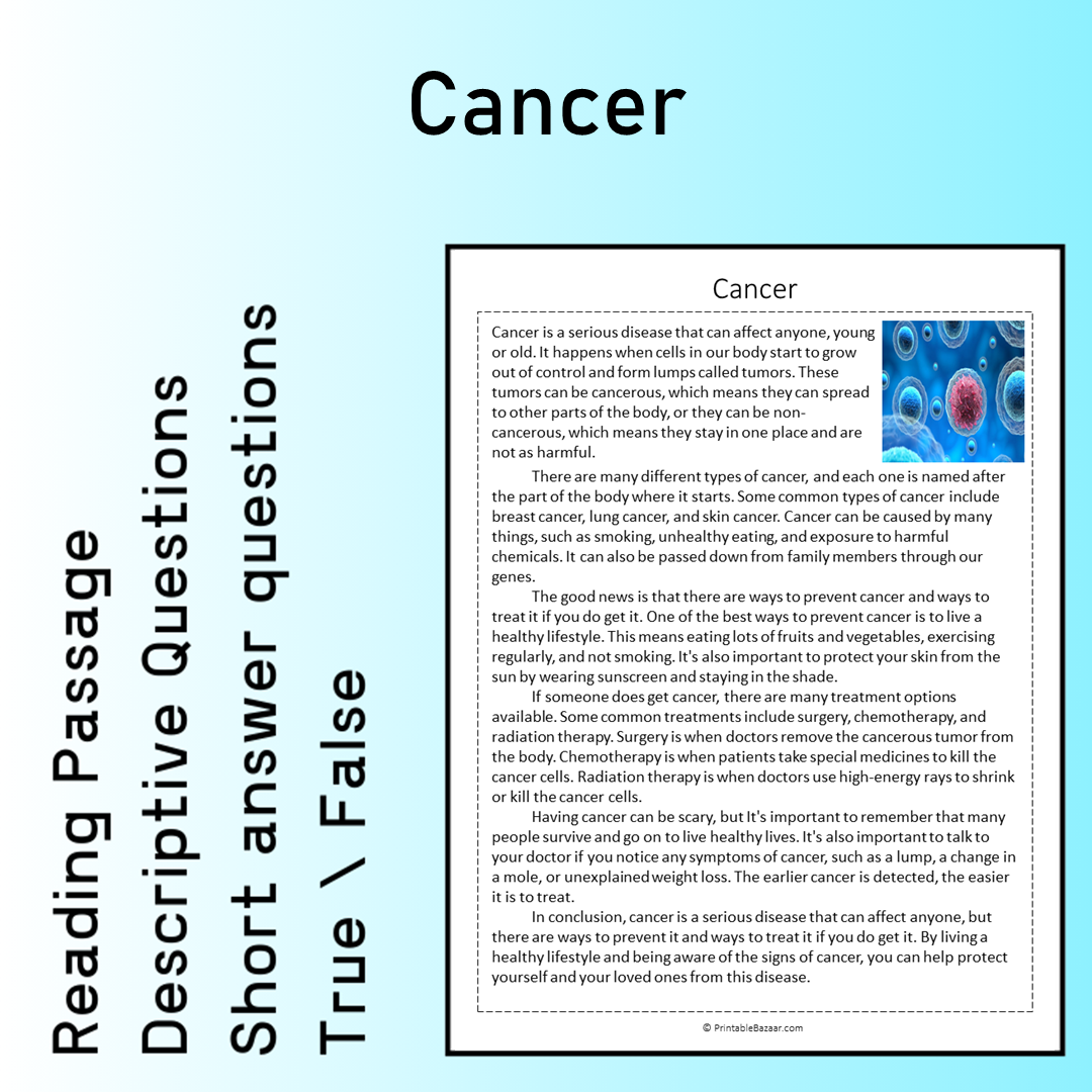 Cancer | Reading Comprehension Passage Printable Worksheet