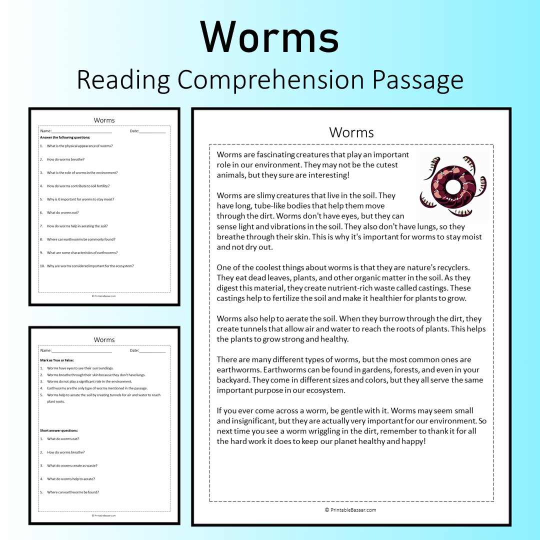 Worms | Reading Comprehension Passage Printable Worksheet