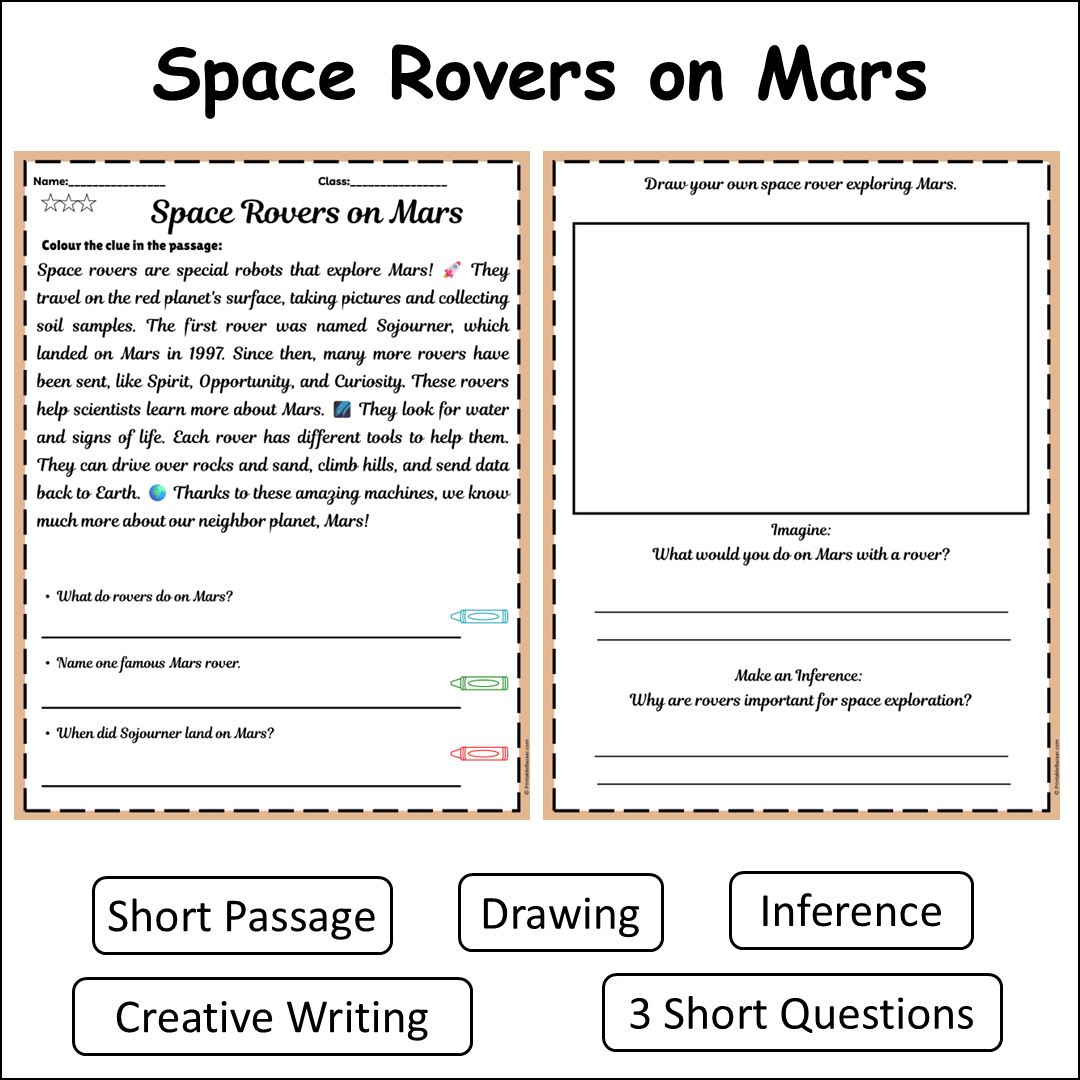 Space Rovers on Mars | Short Reading Comprehension Creative Worksheet