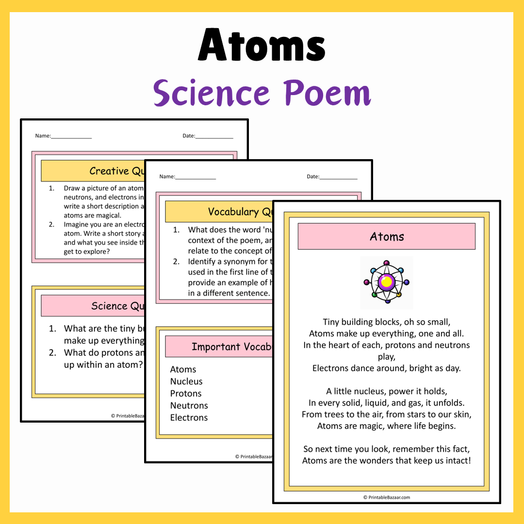 Atoms | Science Poem Reading Comprehension Activity