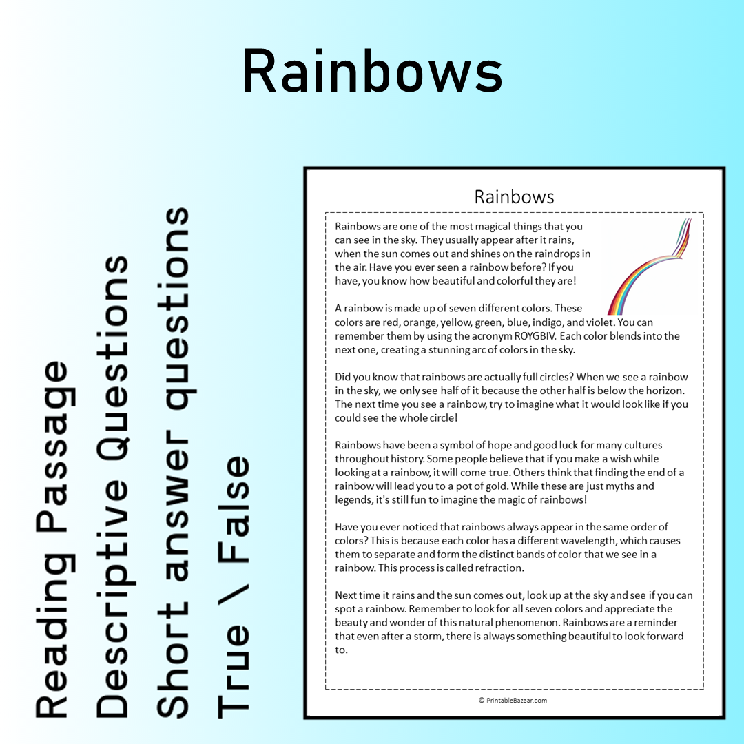Rainbows | Reading Comprehension Passage Printable Worksheet