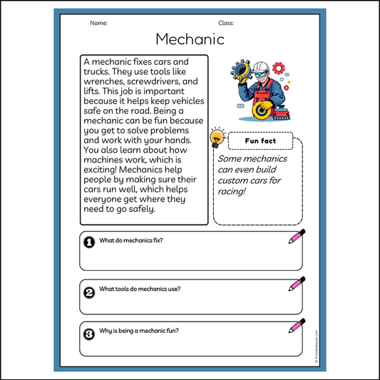 Mechanic | Reading Passage Comprehension Questions Writing Facts Worksheet