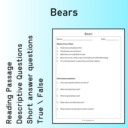 Bears | Reading Comprehension Passage Printable Worksheet
